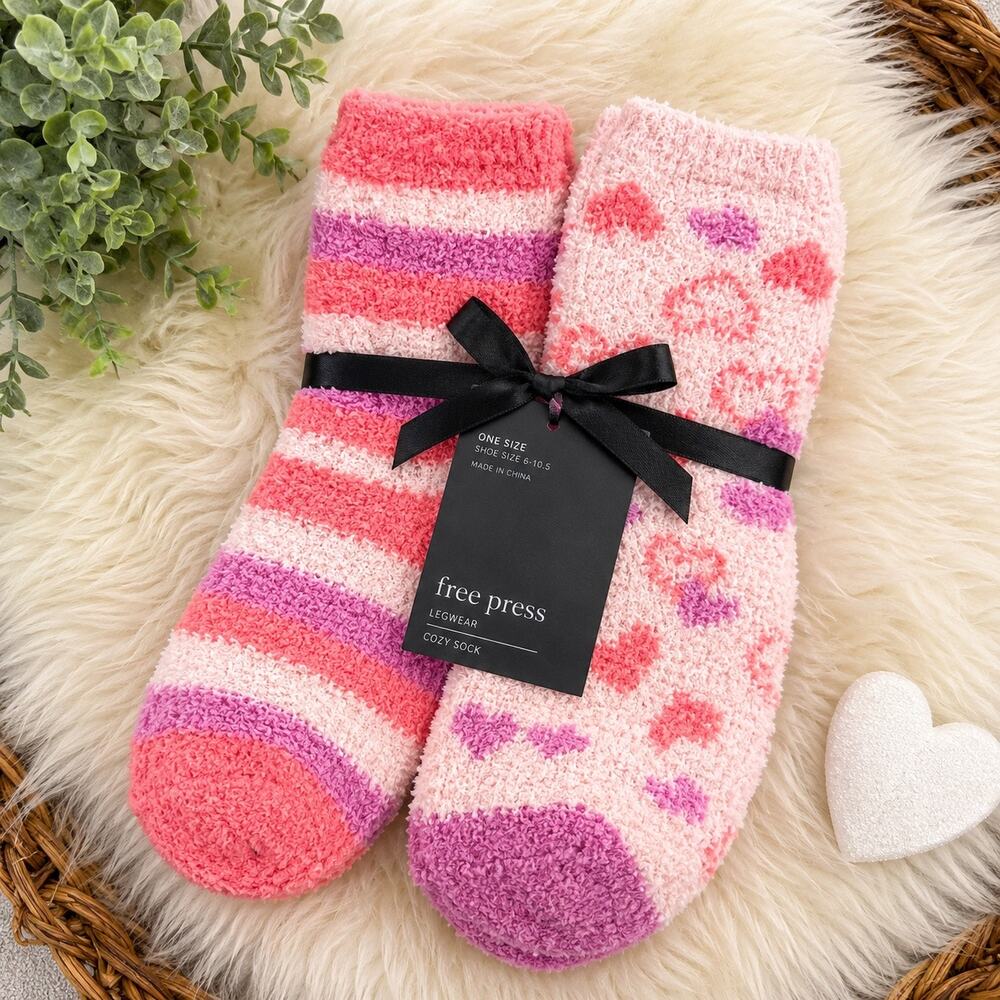 Free Press Patterned Micro Crew Fuzzy Socks 2 Pack Pink Veil Happy Heart OS NWT